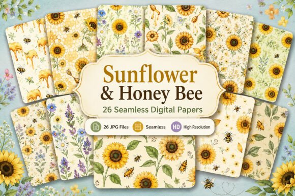 Download Sunflower &amp; Honey Bee Digital Paper Set - Bee Collection