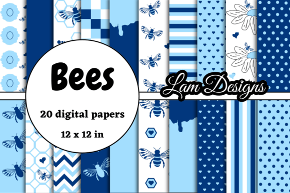 Download Dark and Light Blue Bees Digital Papers - Bee Collection